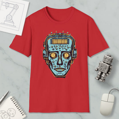 a red t-shirt with a graphic design of a robot or robot-like figure, along with various objects such as a computer mouse, a pen, and a notebook.