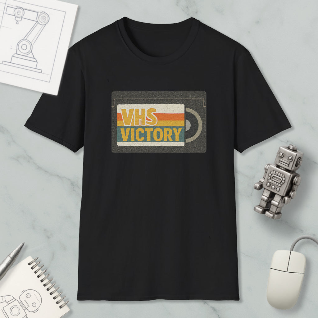 a black t-shirt with a graphic design that says "VHS VICTORY" on it, along with a small robot figure and a computer mouse.