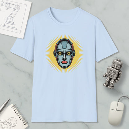 a light blue t-shirt with a graphic design of a robot's face, surrounded by various objects such as a computer mouse, a notebook, and a robot figurine.