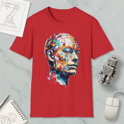 a red t-shirt with a colorful, abstract portrait of a man's face, along with various objects such as a computer mouse, a robot, and a notebook.