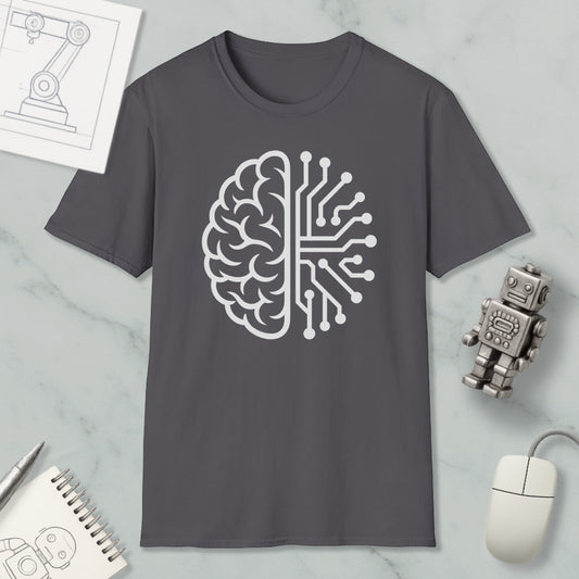 a gray t-shirt with a white graphic design depicting a brain and a circuit board, along with a computer mouse and a robot figurine.