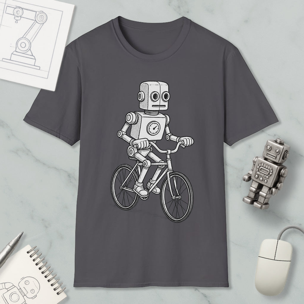 a gray t-shirt with a black and white illustration of a robot riding a bicycle.