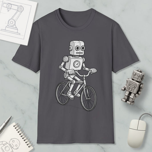 a gray t-shirt with a black and white illustration of a robot riding a bicycle.