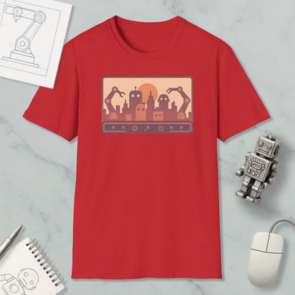 a red t-shirt with a graphic design depicting a city skyline with robotic arms, along with a computer mouse and a notebook.