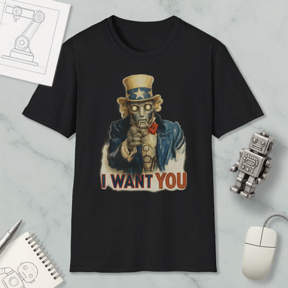 a black t-shirt with a graphic design depicting a robot character and the text "I WANT YOU" printed on it.