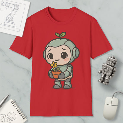 a red t-shirt with a cartoon character holding a flower, surrounded by various objects such as a computer mouse, a robot, and a notebook.