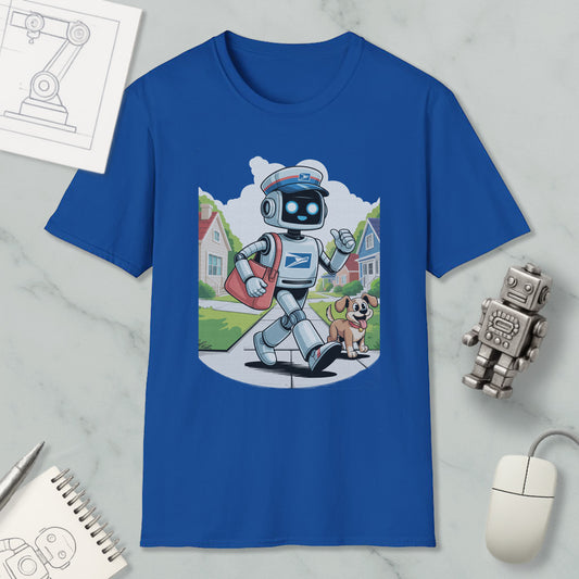 A blue t-shirt with a cartoon robot and a dog walking together, along with a computer mouse and a notebook.