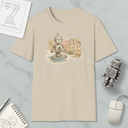 A t-shirt with a cartoon illustration of a robot sitting in a meditative pose, surrounded by three human-like figures, on a marble surface.