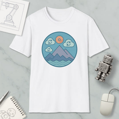 a white t-shirt with a graphic design of mountains, clouds, and a sun, along with a robot and a computer mouse.
