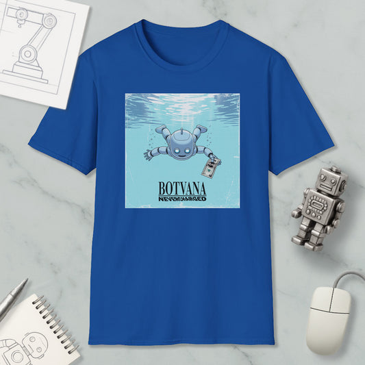 a blue t-shirt with a graphic design depicting a robot swimming underwater, accompanied by the text "BOTYANA NOVEMBER 26".