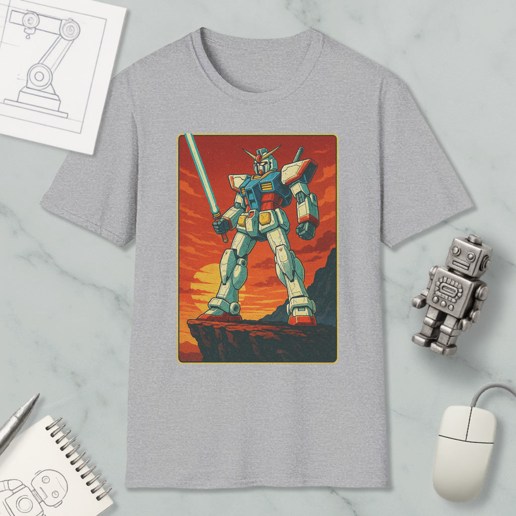 a gray t-shirt with a graphic of a robot or mechanical figure, along with various objects such as a computer mouse, a notebook, and a pen.