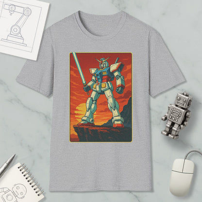 a gray t-shirt with a graphic of a robot or mechanical figure, along with various objects such as a computer mouse, a notebook, and a pen.