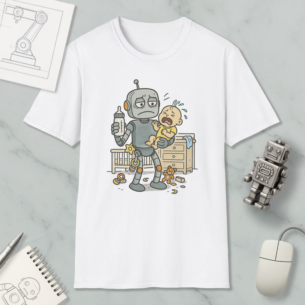 A white t-shirt with a cartoon illustration of a robot holding a baby and crying, surrounded by toys and a crib.