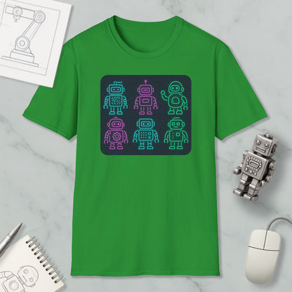 a green t-shirt with a graphic design of six robot characters in various poses, along with a computer mouse and a notebook on a marble surface.