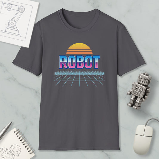 a gray t-shirt with a graphic design of a robot and a sun-like shape, along with a computer mouse and a notebook.