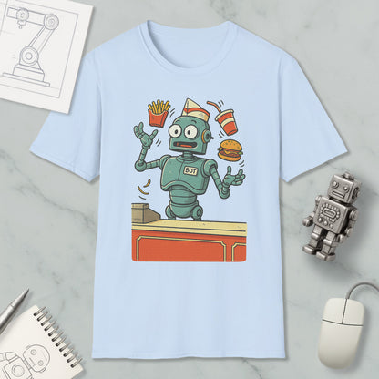 A light blue t-shirt with a cartoon robot character and various food items, such as french fries and a hamburger, surrounding it.