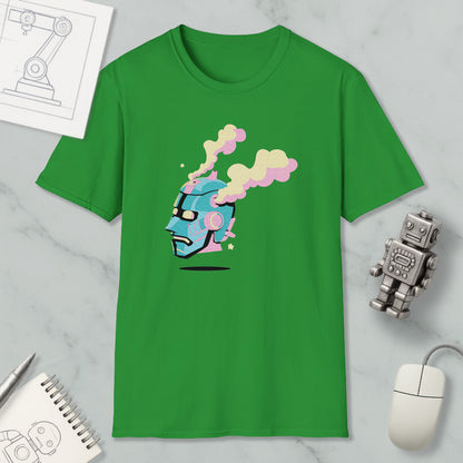 a green t-shirt with a colorful graphic design, a computer mouse, a notebook, and a small robot figurine on a marble surface.