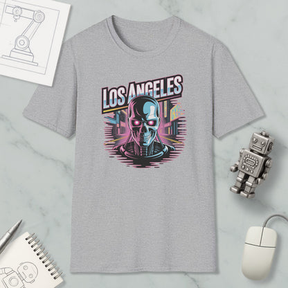 a gray t-shirt with a graphic design of a skull and cityscape, along with various office supplies and a computer mouse.