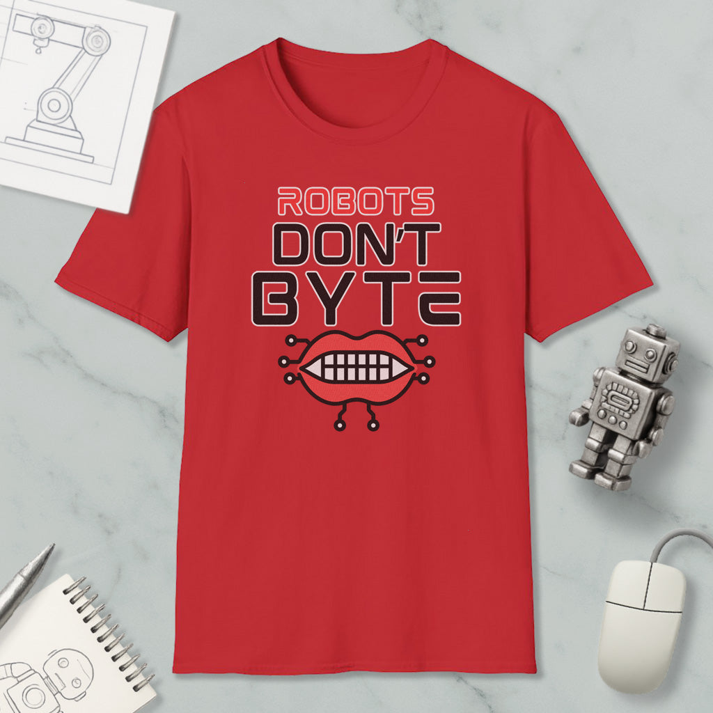 a red t-shirt with a graphic design and text, along with various objects such as a computer mouse, a robot, and a notebook.