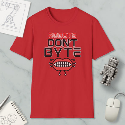 a red t-shirt with a graphic design and text, along with various objects such as a computer mouse, a robot, and a notebook.