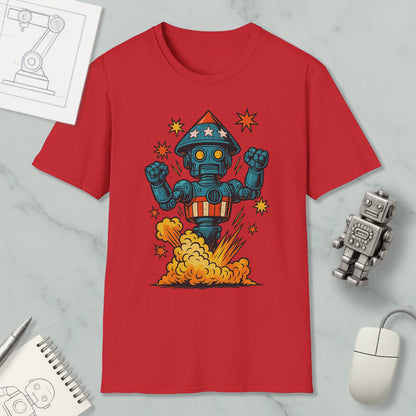 a red t-shirt with a colorful graphic of a robot, surrounded by various objects such as a computer mouse, a notebook, and a robot figurine.