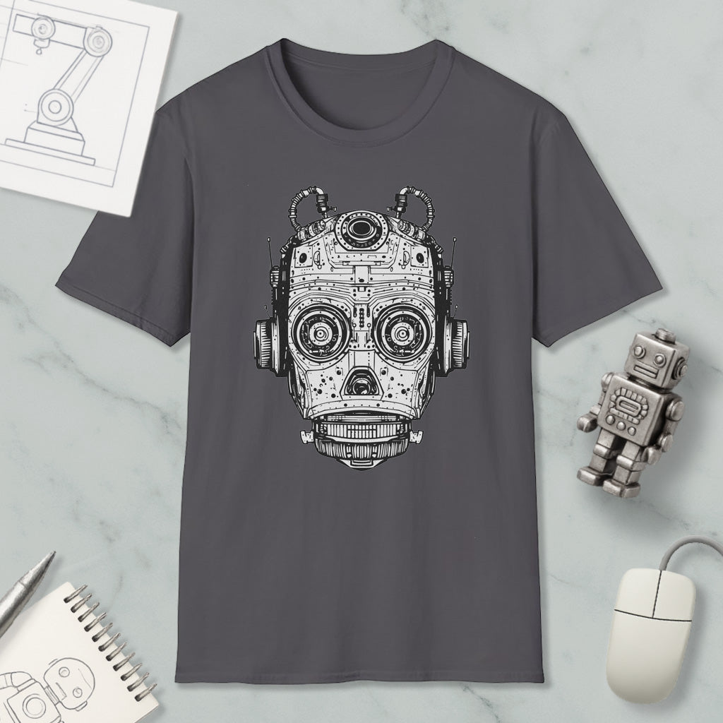 a gray t-shirt with a black and white illustration of a robot or machine head, along with a computer mouse and a notebook.