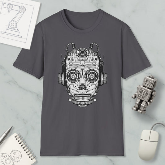 a gray t-shirt with a black and white illustration of a robot or machine head, along with a computer mouse and a notebook.