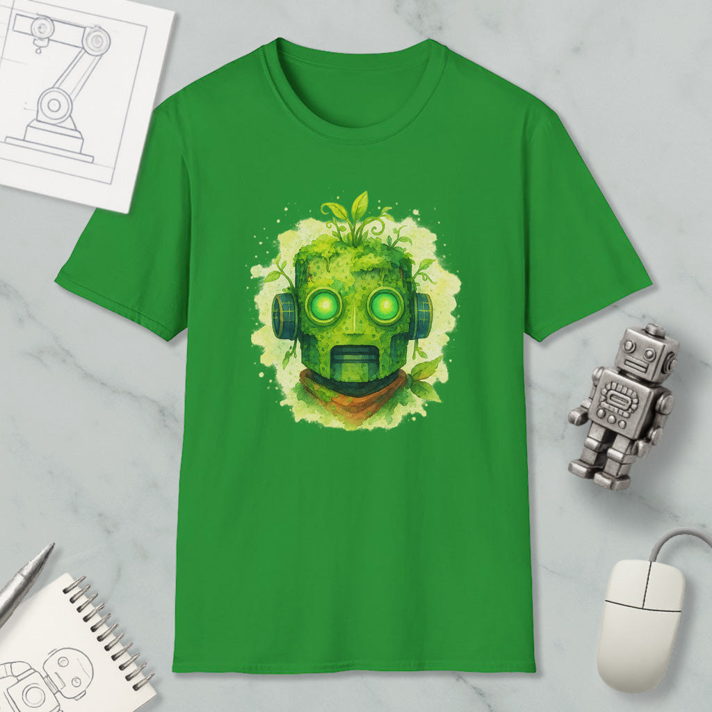 a green t-shirt with a unique graphic design depicting a green robot or humanoid figure surrounded by plants and leaves, creating a whimsical and nature-inspired appearance.