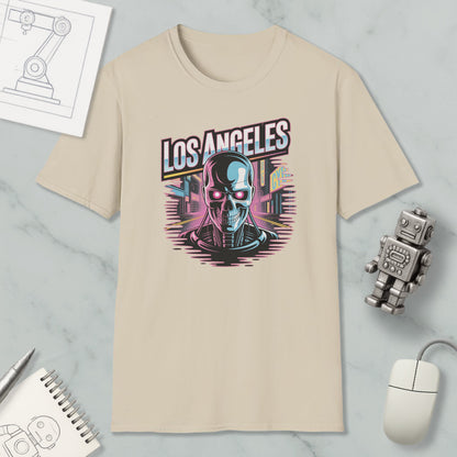 a beige t-shirt with a graphic design of a skull and cityscape, along with various objects such as a computer mouse, a notebook, and a robot.