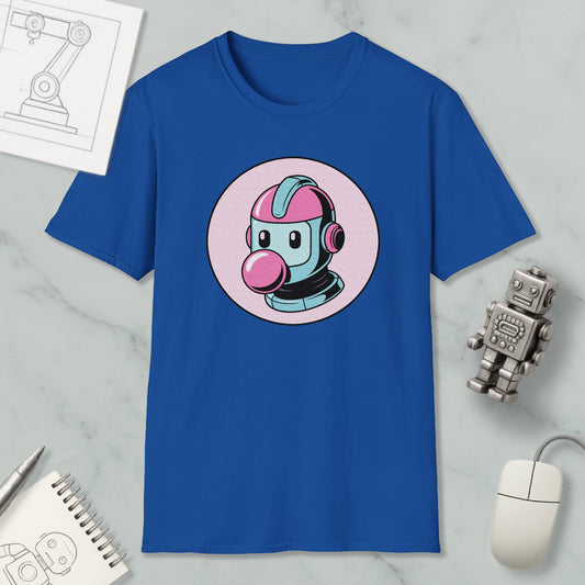 a blue t-shirt with a cartoon robot graphic, along with a computer mouse, a notebook, and a pen on a marble surface.