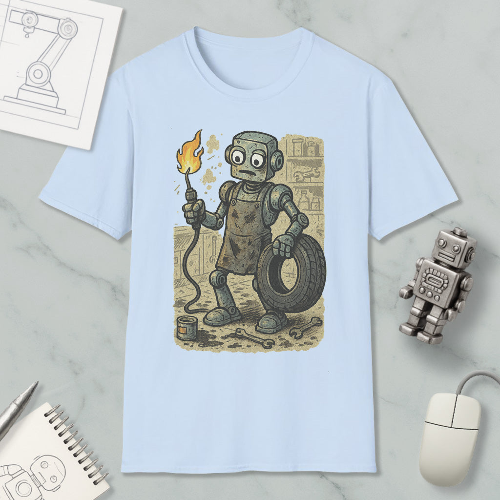 A light blue t-shirt with a cartoon robot holding a flame and a tire, surrounded by various objects such as a computer mouse, a notebook, and a robot figurine.