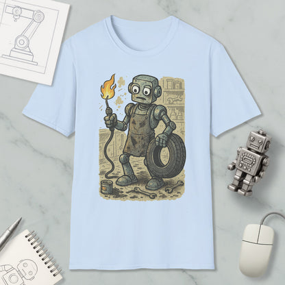 A light blue t-shirt with a cartoon robot holding a flame and a tire, surrounded by various objects such as a computer mouse, a notebook, and a robot figurine.