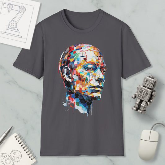 a gray t-shirt with a colorful, abstract portrait of a man's face printed on it, along with various objects such as a computer mouse, a robot, and a notebook.