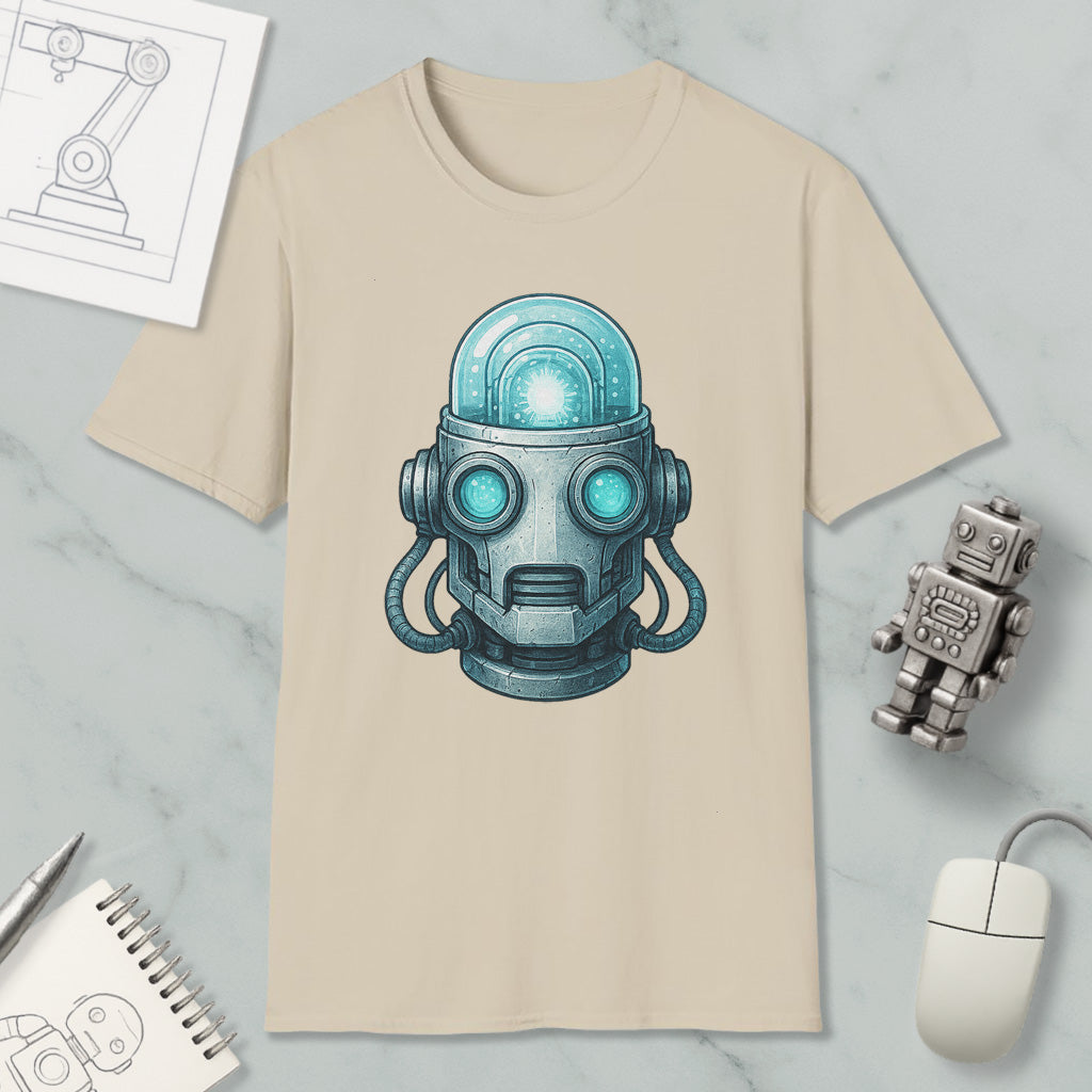 a beige t-shirt with a graphic design of a futuristic robot head, accompanied by various objects such as a computer mouse, a notebook, and a pen.