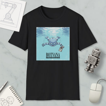 a black t-shirt with a graphic design depicting a robot swimming underwater, accompanied by the text "BOTYANA NARROW-MINDED".