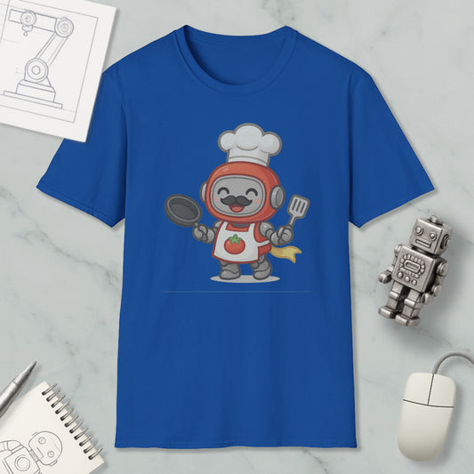 a blue t-shirt with a cartoon chef character on it, along with a computer mouse, a notebook, and a small robot figurine.