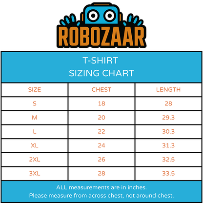The image is a T-shirt size chart with measurements for different sizes, including S, M, L, XL, and 3XL. The chart provides the corresponding chest and length measurements for each size. The text indicates that all measurements are in inches and should be taken from across the chest, not around it.