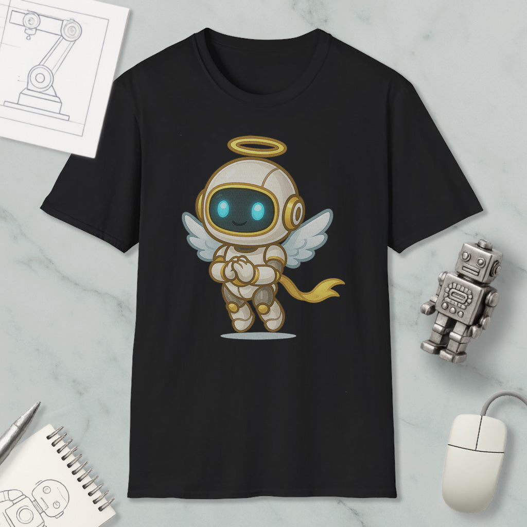 a black t-shirt with a cartoon illustration of a winged robot or angel-like character, along with various objects such as a computer mouse, a notebook, and a small robot figurine.