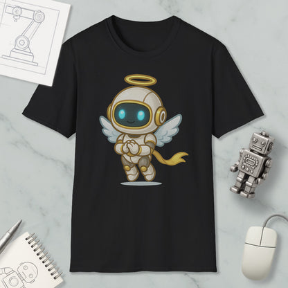 a black t-shirt with a cartoon illustration of a winged robot or angel-like character, along with various objects such as a computer mouse, a notebook, and a small robot figurine.