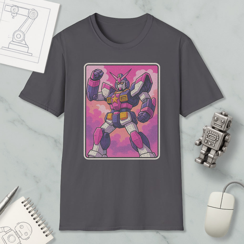 a gray t-shirt with a colorful graphic of a robot or character, along with various objects such as a mouse, a notebook, and a robot figurine.
