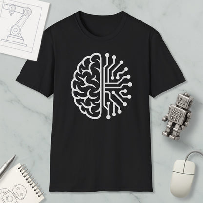 a black t-shirt with a white graphic design depicting a brain and a circuit board, along with various objects such as a robot, a mouse, and a notebook.