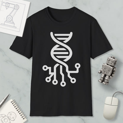a black t-shirt with a white graphic design depicting a DNA double helix, along with various technological items such as a computer mouse, a robot, and a notebook.