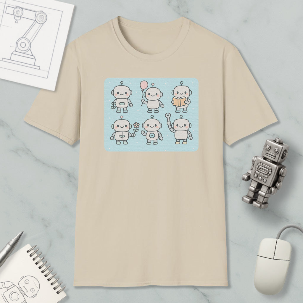 a beige t-shirt with a graphic design of six cute robot characters, along with a computer mouse and a notebook on a marble surface.