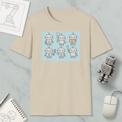 a beige t-shirt with a graphic design of six cute robot characters, along with a computer mouse and a notebook on a marble surface.