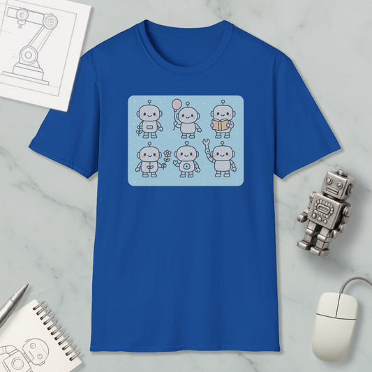 a blue t-shirt with a graphic design of six cartoon robots, along with a computer mouse, a spiral notebook, and a small robot figurine.