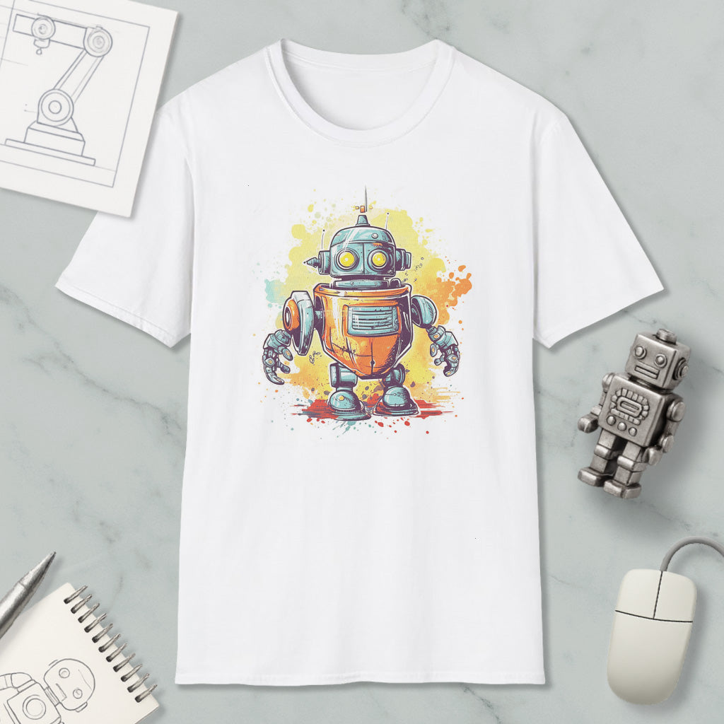 a white t-shirt with a colorful illustration of a robot, along with various objects such as a computer mouse, a pen, and a notebook.
