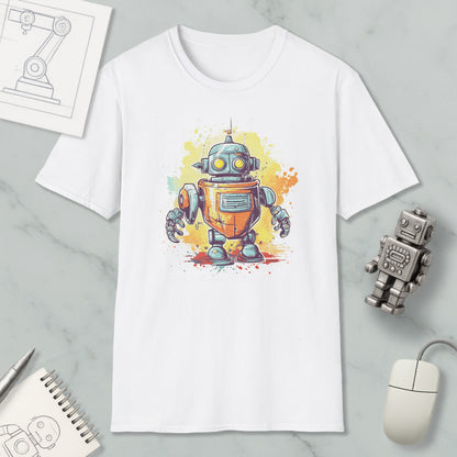 a white t-shirt with a colorful illustration of a robot, along with various objects such as a computer mouse, a pen, and a notebook.