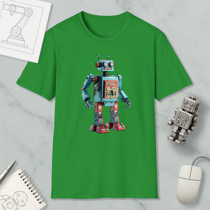 a green t-shirt with a robot design, along with a computer mouse, a notebook, and a pen on a marble surface.