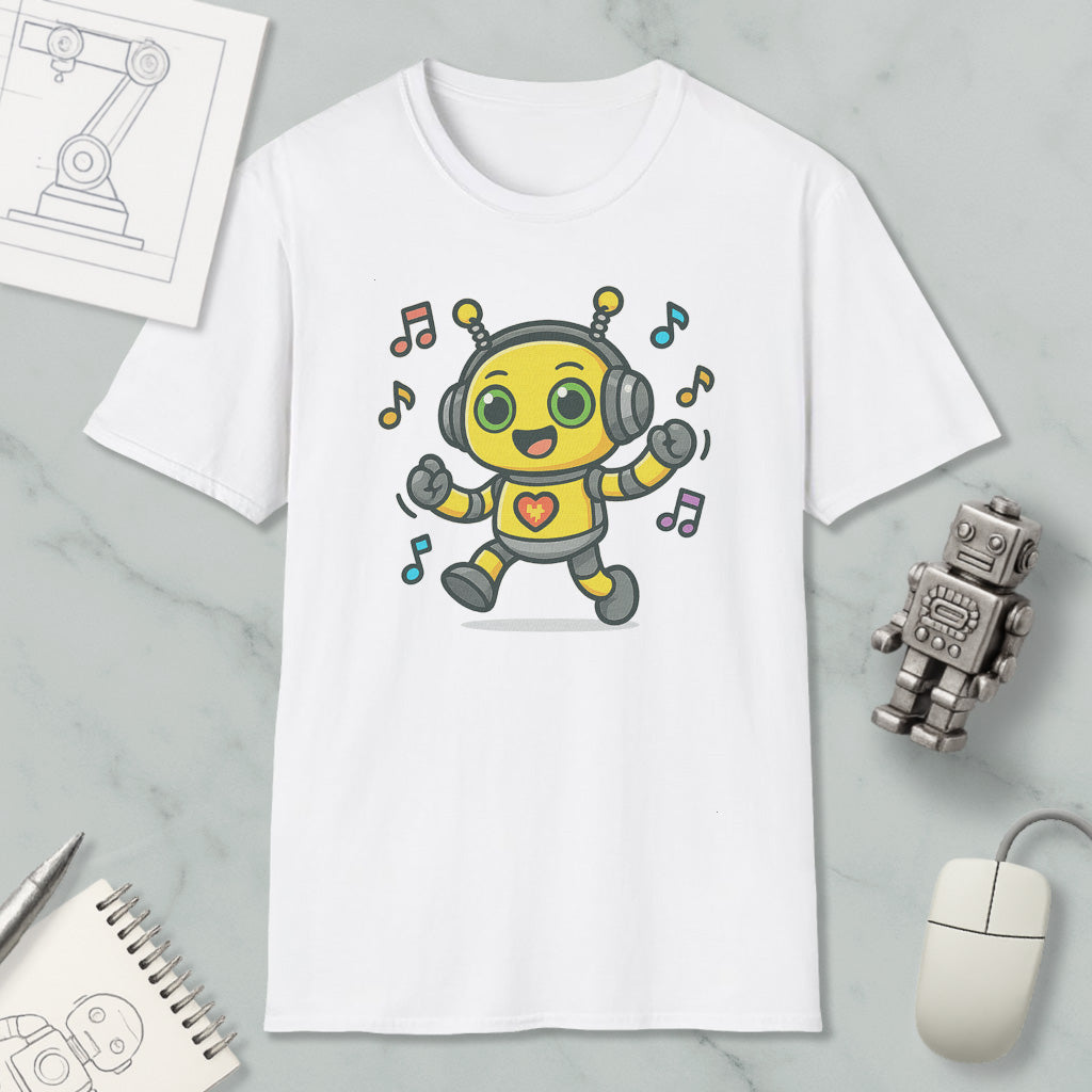 a white t-shirt with a cartoon robot wearing headphones and dancing, surrounded by musical notes. The t-shirt is placed on a marble surface, with a computer mouse, a pen, and a notebook nearby.
