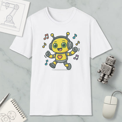 a white t-shirt with a cartoon robot wearing headphones and dancing, surrounded by musical notes. The t-shirt is placed on a marble surface, with a computer mouse, a pen, and a notebook nearby.